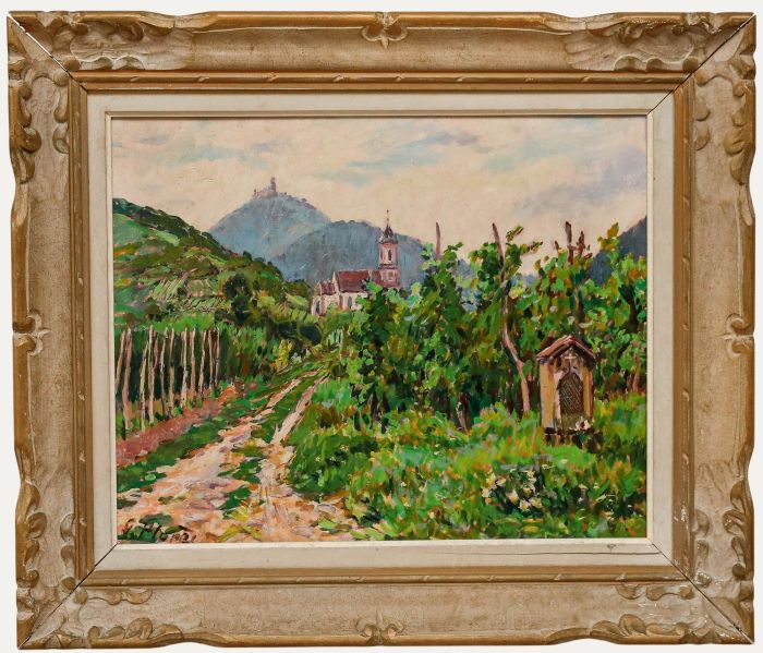 Framed Mid 20th Century Oil - Landscape with Calvary Shrine