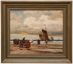 Peter Pulm - Framed Early 20th Century Oil, Fisherfolk Gathered on the Shore