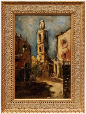 Framed Mid 20th Century Oil - Bastia Bell Tower