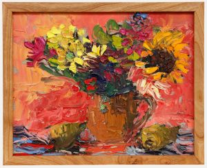Annelise Firth - Framed Contemporary Oil, Dahlias & Pears