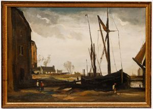 Philip Hugh Padwick - Mid 20th Century Oil, Barge in a Coastal Town