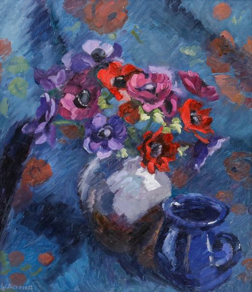 J. Bennett - Framed 20th Century Oil, Anemones in a Purple Lustre Vase