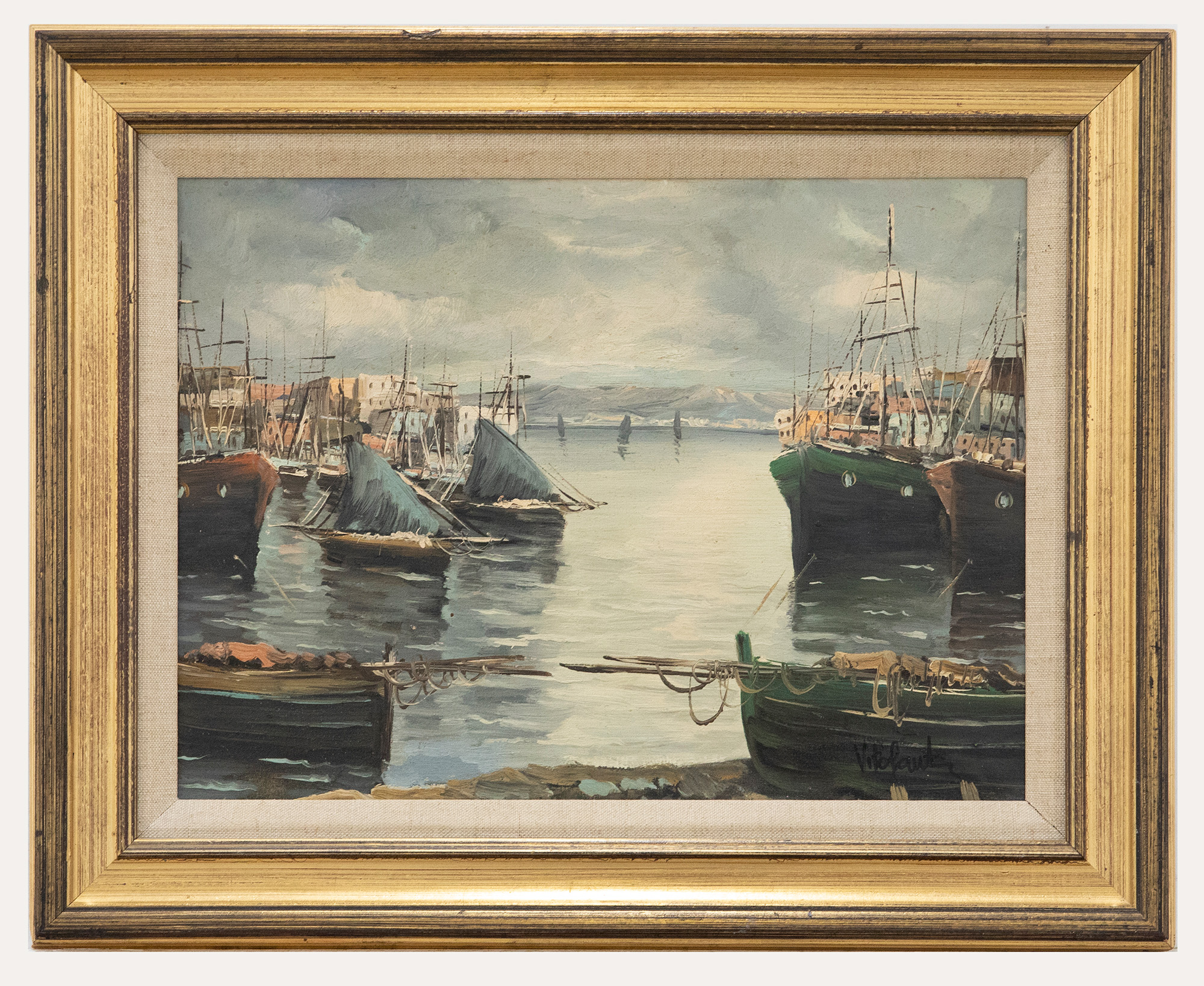 Framed 20th Century Oil – Italian Harbour Scene
