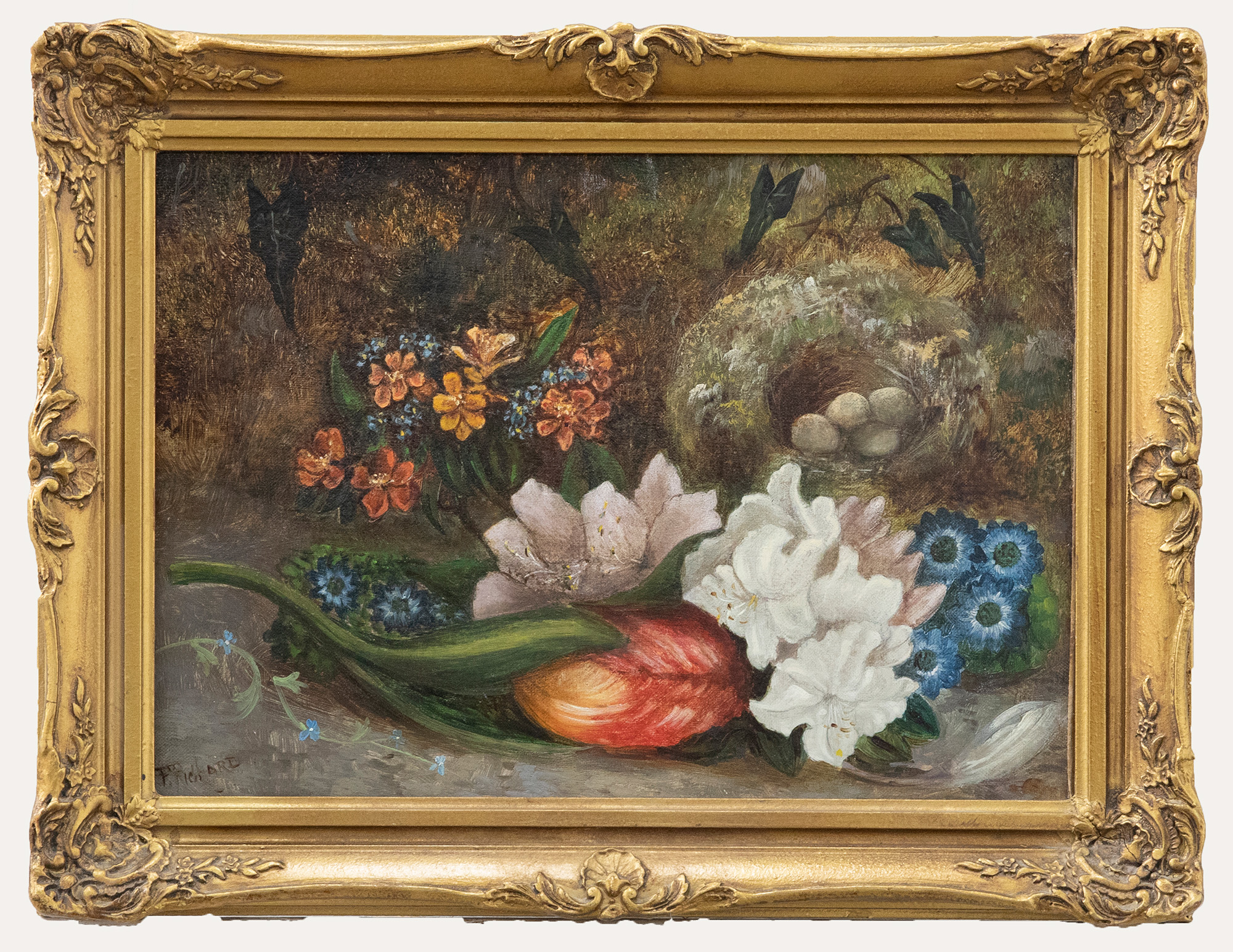 F. Richard – c.1880 Oil, Birds Nest and Flowers
