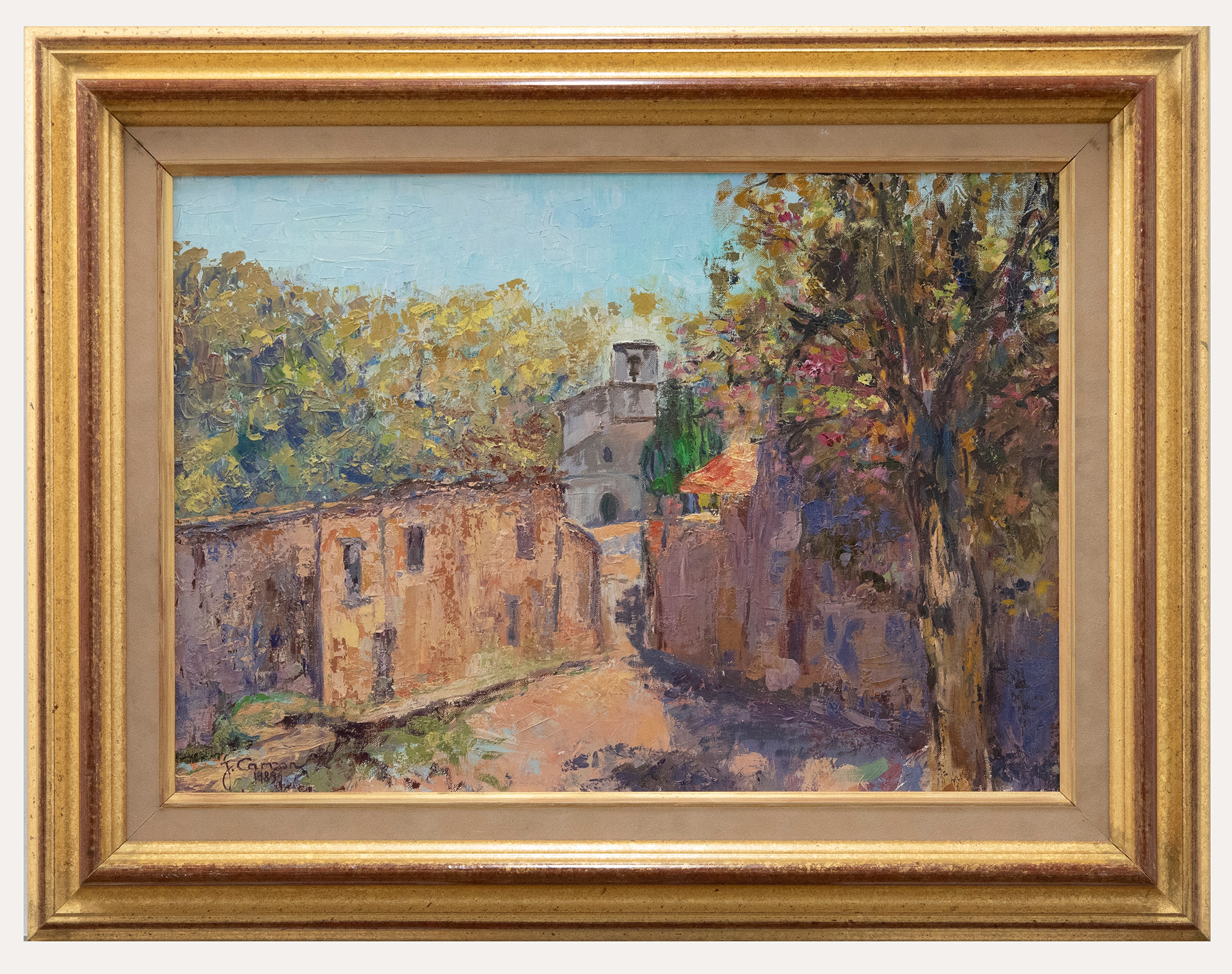 J. Carron – Framed 20th Century Oil, Village Street in Sun