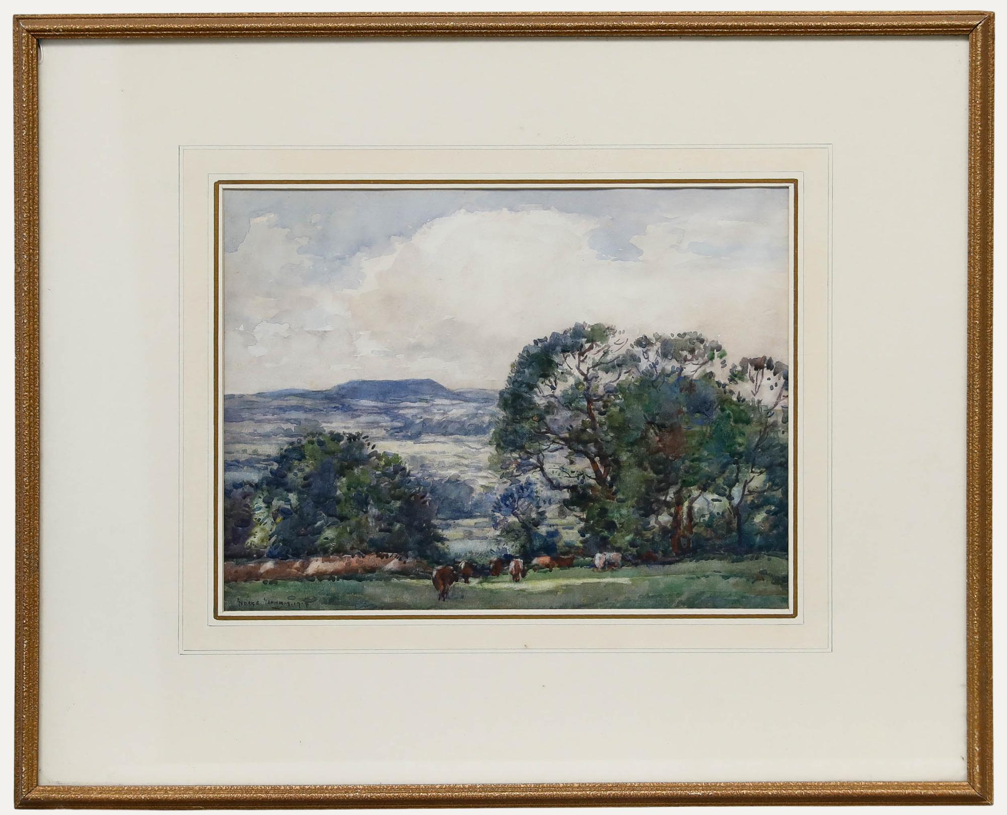 George Graham (1881-1949) – Framed 1914 Watercolour, Grazing Cattle